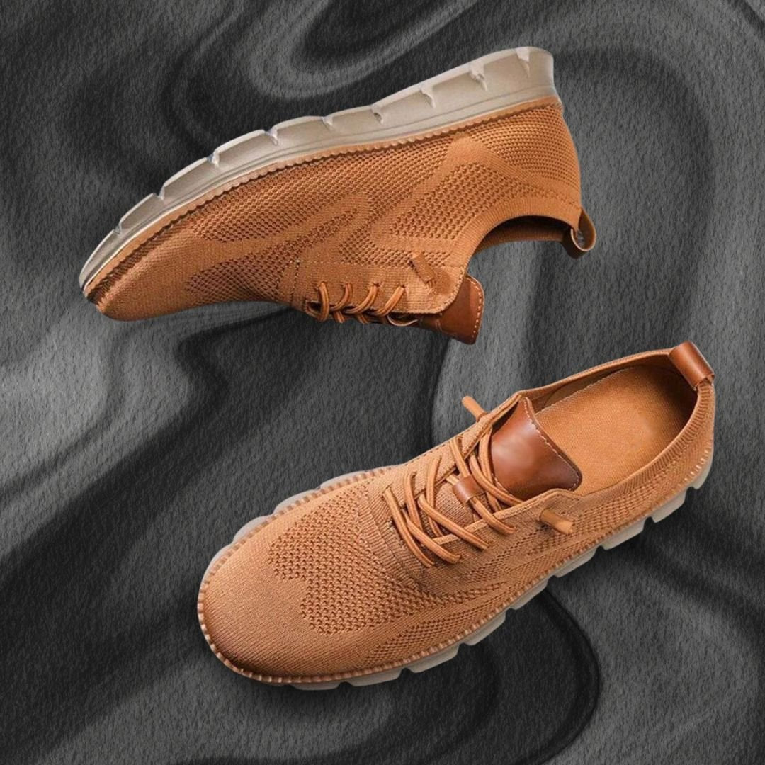 Side view of men's orthopedic walking shoes, highlighting supportive design & comfort features.