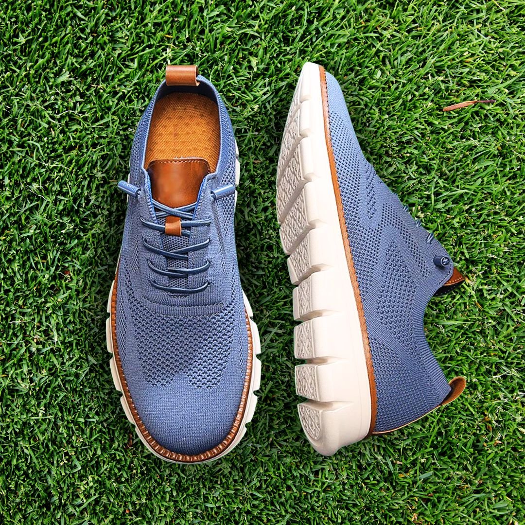 Close-up of men's orthopedic walking shoe material, showing breathable design for comfort.