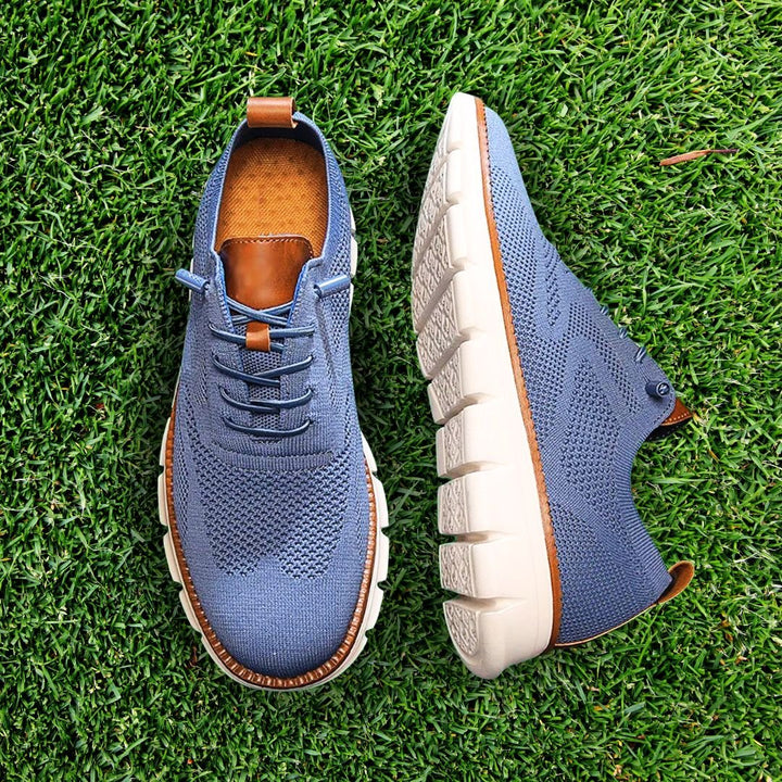 Close-up of men's orthopedic walking shoe material, showing breathable design for comfort.