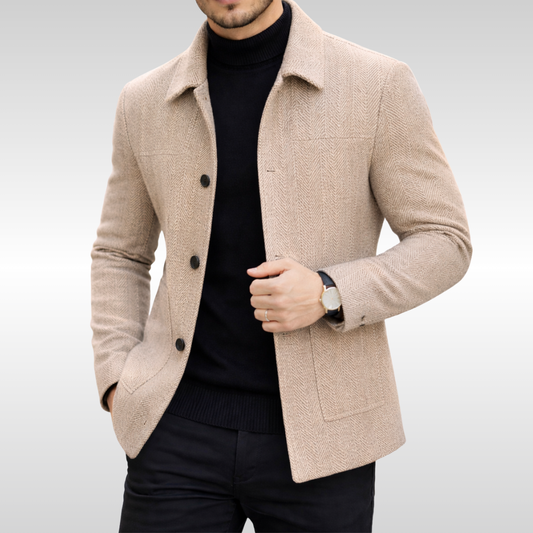 Men's Oswald Herringbone Jacket, stylish gray wool blend, front zip. Warm fall/winter outerwear.