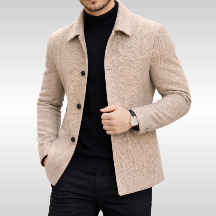 Men's Oswald Herringbone Jacket, stylish gray wool blend, front zip. Warm fall/winter outerwear.