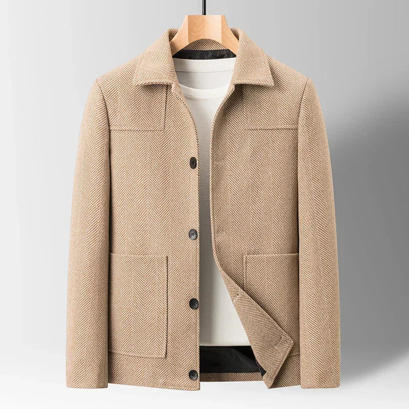 Model in Men's Oswald Herringbone Jacket, casual & stylish zip-up for cold weather. Essential men's fashion.
