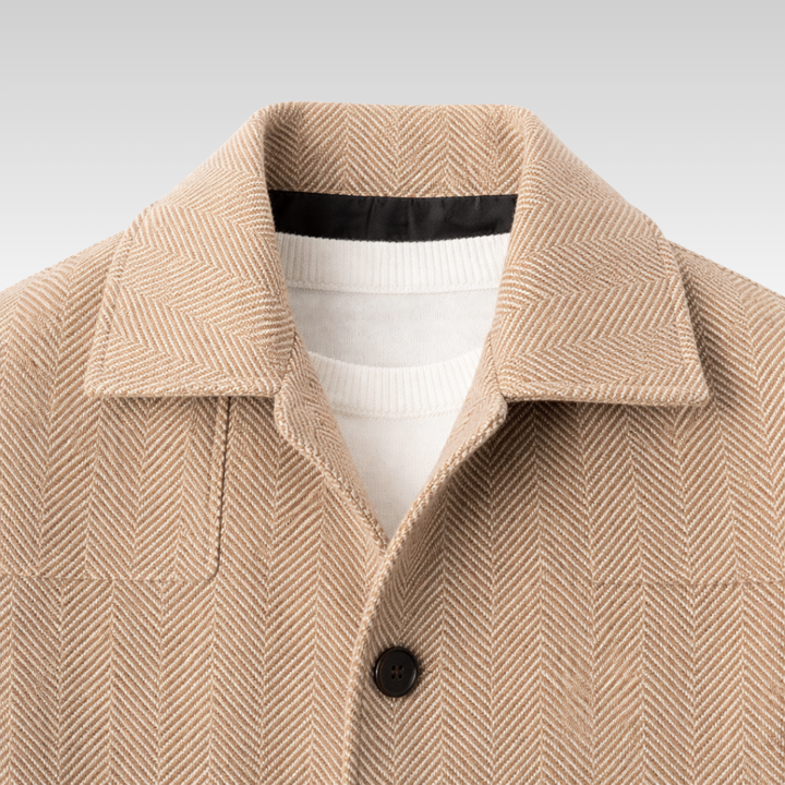 Back view of Men's Oswald Herringbone Jacket, a warm and stylish piece of men's winter outerwear.