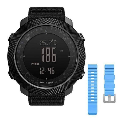 Water-resistant men's digital watch with altimeter and electronic compass for diverse terrains.