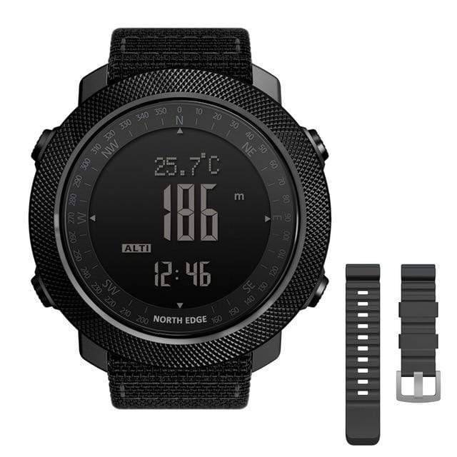 Men's outdoor watch showcasing altimeter, barometer, and temperature readings on digital display.