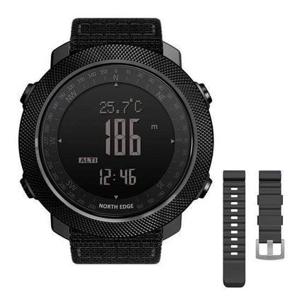 Men's outdoor watch showcasing altimeter, barometer, and temperature readings on digital display.
