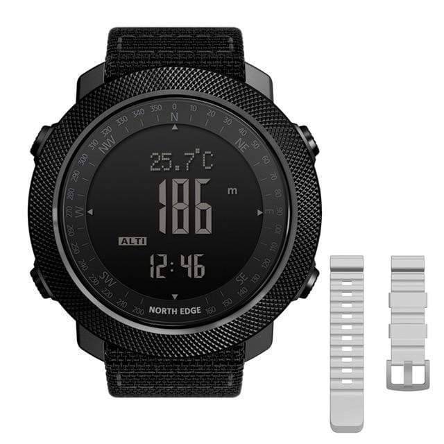 Packaging for Men's Outdoor Digital Altimeter Compass Watch, emphasizing adventure gear.