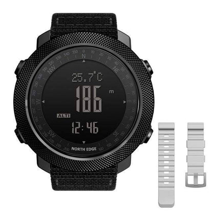 Packaging for Men's Outdoor Digital Altimeter Compass Watch, emphasizing adventure gear.