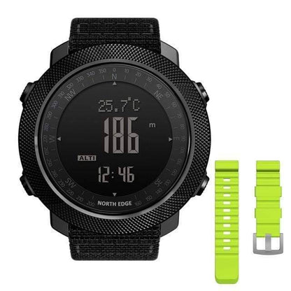 Dynamic shot of a man wearing an altimeter digital watch, ready for outdoor exploration.