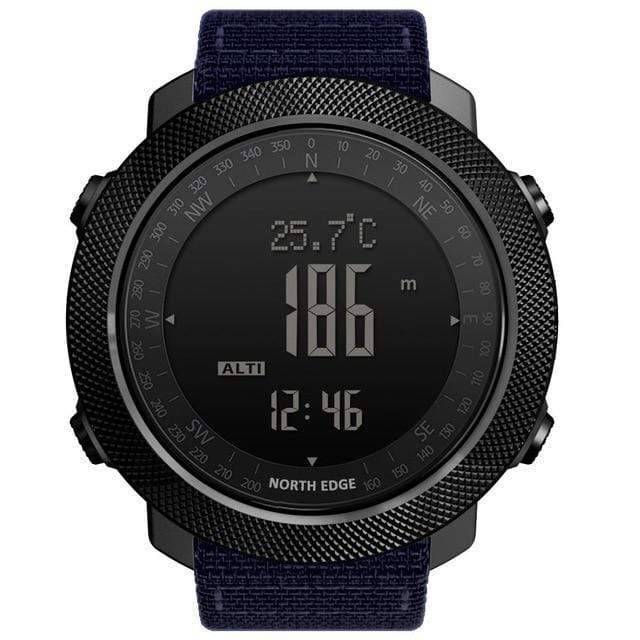 Tactical men's digital watch for outdoor adventure, featuring compass and weather forecast.