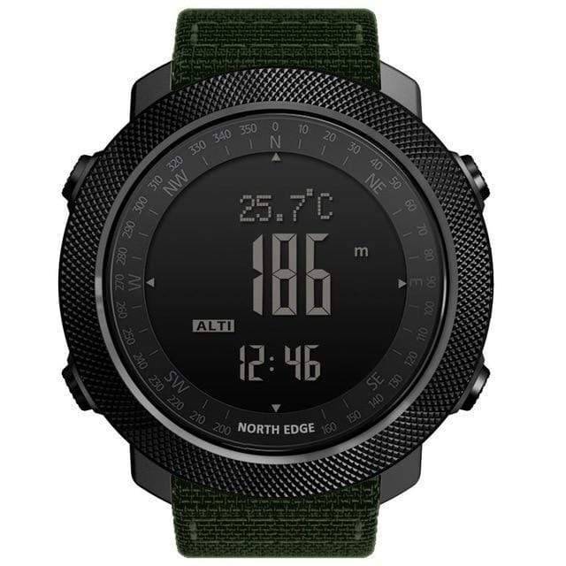 Sports watch for men with altimeter, compass, and durable black casing on a wrist.