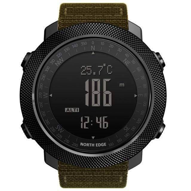 Altimeter watch for men, displaying digital time and compass, ideal for hiking and outdoor sports.