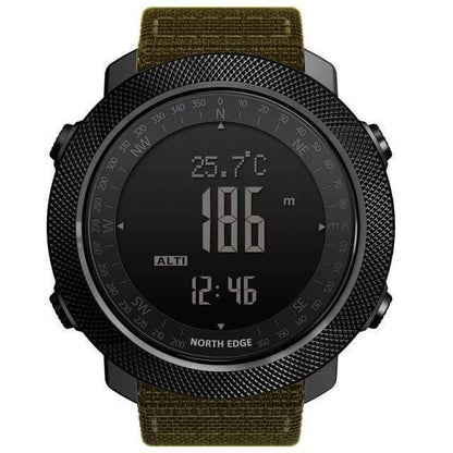 Altimeter watch for men, displaying digital time and compass, ideal for hiking and outdoor sports.