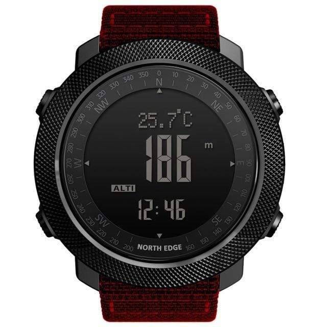 Close-up of Men's Outdoor Altimeter Watch face, clearly showing digital display and features.