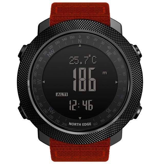 Man wearing a rugged men's outdoor altimeter digital compass watch during a hike.