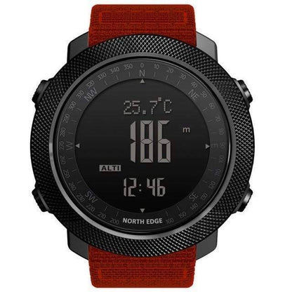 Man wearing a rugged men's outdoor altimeter digital compass watch during a hike.