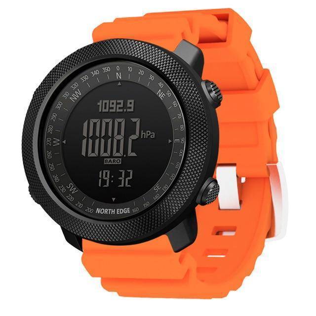 Durable black outdoor men's watch with altimeter, compass, and weather forecast capabilities.