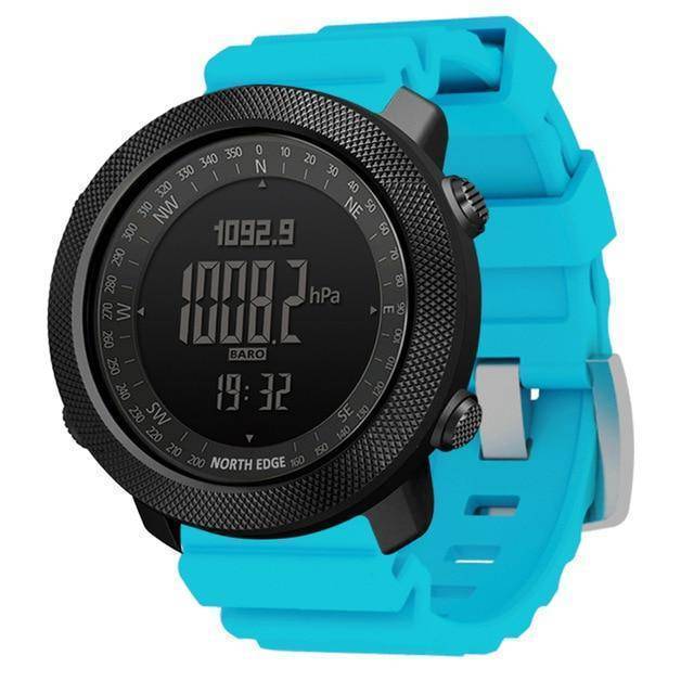 Side view of a men's tactical digital watch, highlighting its robust construction and buttons.