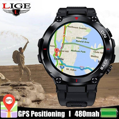 Men's Outdoor GPS Smartwatch on a wrist showing a compass app, ideal for hiking and navigation.