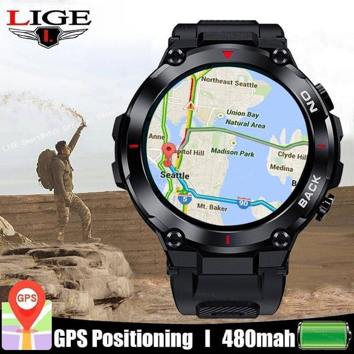 Men's Outdoor GPS Smartwatch on a wrist showing a compass app, ideal for hiking and navigation.