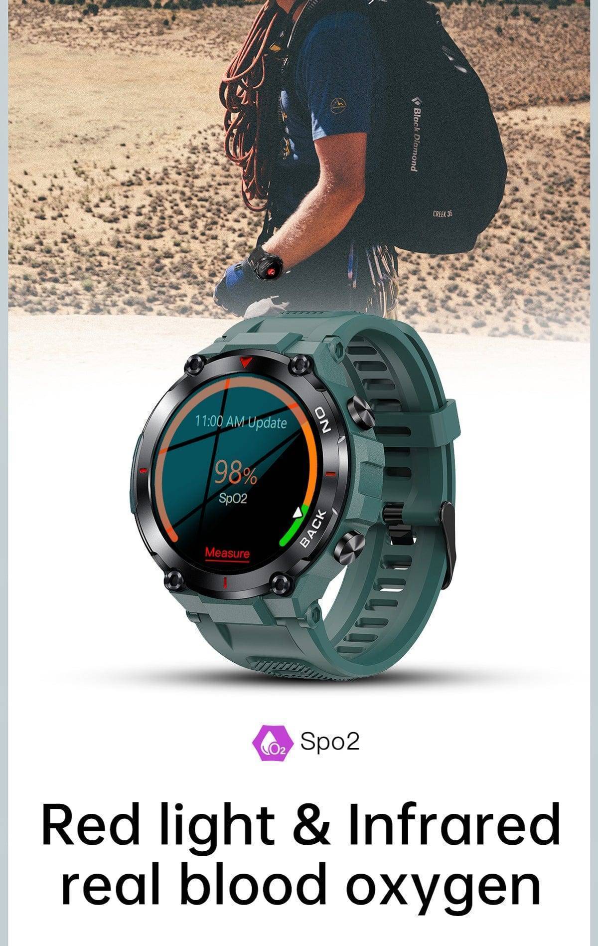 Men's Waterproof Watch resting on a rock near a waterfall, illustrating its robust outdoor capability.