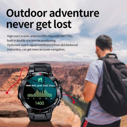 Close-up of the Men's GPS Smartwatch display, showcasing heart rate monitoring and fitness tracking features.