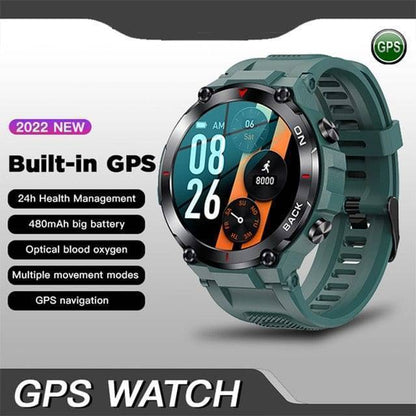 Side view of the Men's GPS Watch, emphasizing its rugged design and sturdy buttons for outdoor use.