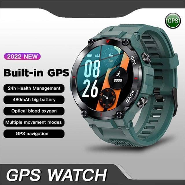 Side view of the Men's GPS Watch, emphasizing its rugged design and sturdy buttons for outdoor use.