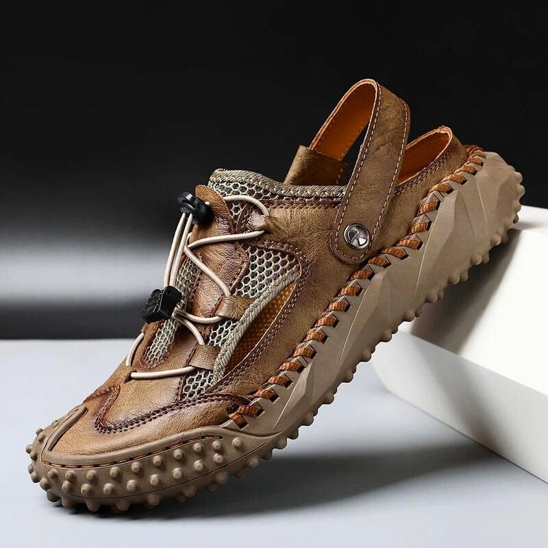 Brown men's hybrid hiking sandals with adjustable straps, ideal for outdoor adventures & active lifestyles.