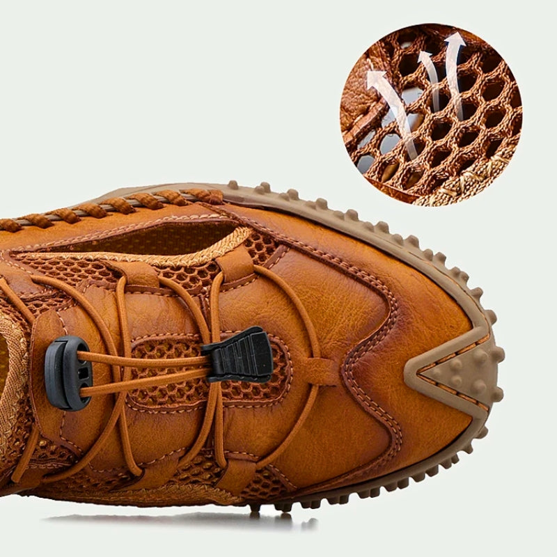 Khaki men's adventure sandals, durable and comfortable for hiking, water sports, and active summer use.