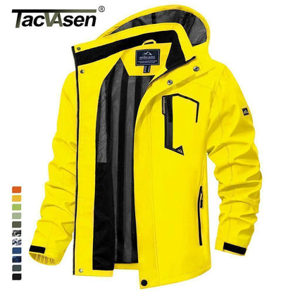 Men's outdoor lightweight waterproof rain jacket in black with detachable hood, front zipper, & pockets.