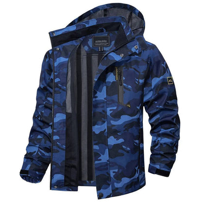 Inside view of a men's outdoor waterproof jacket, highlighting the breathable lining & durable seams.