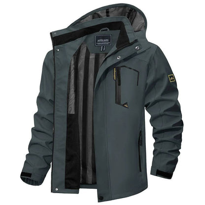 Yellow men's lightweight outdoor waterproof rain jacket with detachable hood, visible from a distance.