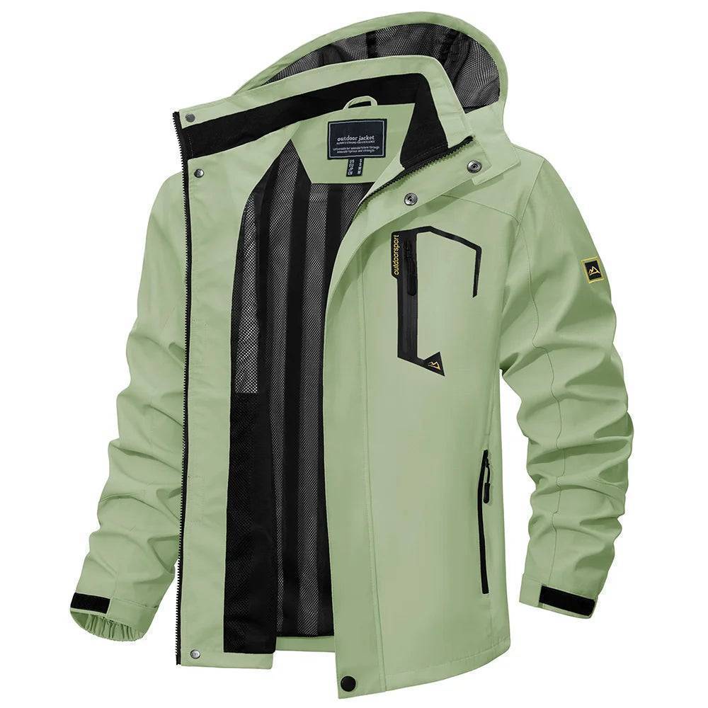Men's lightweight waterproof jacket with a detachable hood, in various colors for outdoor activities.