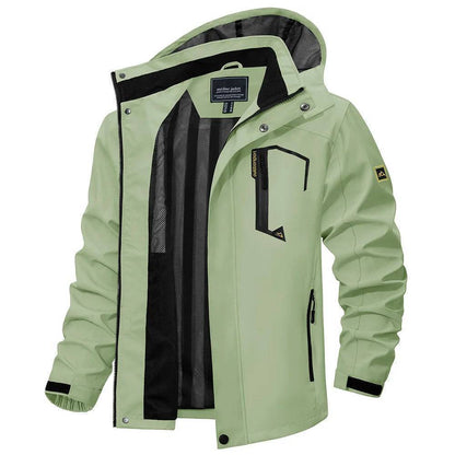 Men's lightweight waterproof jacket with a detachable hood, in various colors for outdoor activities.