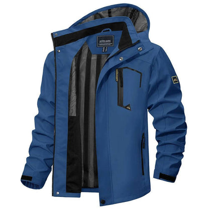 Side view of a men's outdoor lightweight waterproof jacket with detachable hood, showcasing fit.