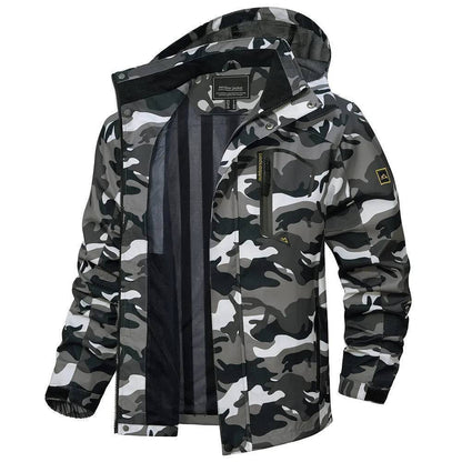 Men's spring autumn lightweight waterproof rain jacket with detachable hood, suitable for layering.