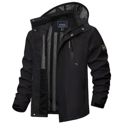 Texture shot of the waterproof and windproof material of a men's outdoor jacket with detachable hood.