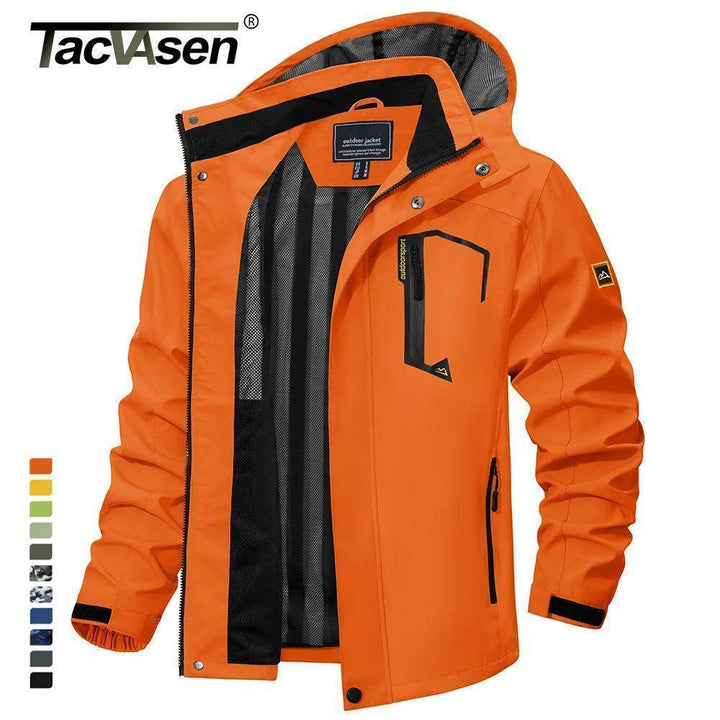 Gray men's lightweight waterproof hiking jacket with detachable hood, ideal for spring & autumn.