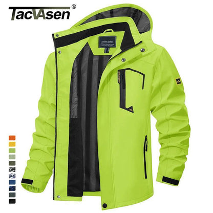 Close-up of the waterproof fabric on a men's outdoor rain jacket with a detachable hood.