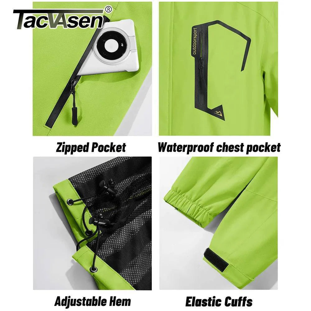 Detailed view of the zippered pocket on a men's outdoor waterproof rain jacket, secure & functional.