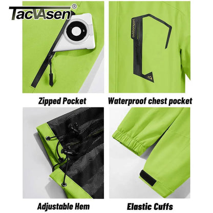 Detailed view of the zippered pocket on a men's outdoor waterproof rain jacket, secure & functional.
