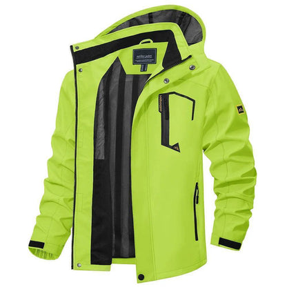 Green men's outdoor lightweight waterproof jacket with detachable hood, perfect for fishing & hiking.