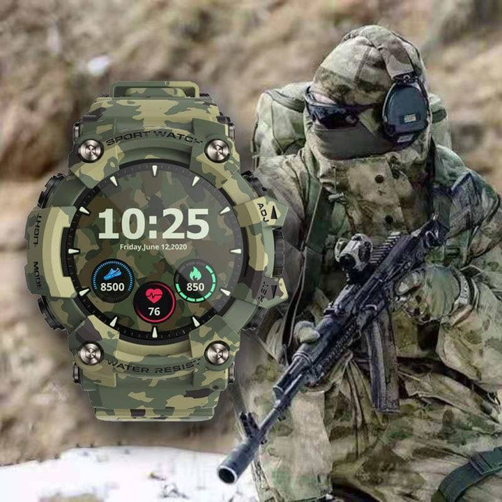 Men's outdoor smartwatch with heart rate monitor, rubber strap, rugged design for fitness tracking.