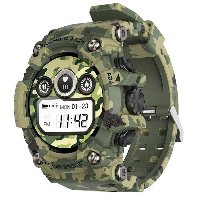 Durable men's smartwatch with black rubber strap, heart rate monitor, ideal for outdoor activities.