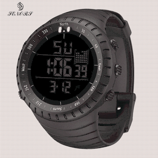 Men's outdoor sport digital watch with altimeter, black silicone band, and quartz movement, water resistant