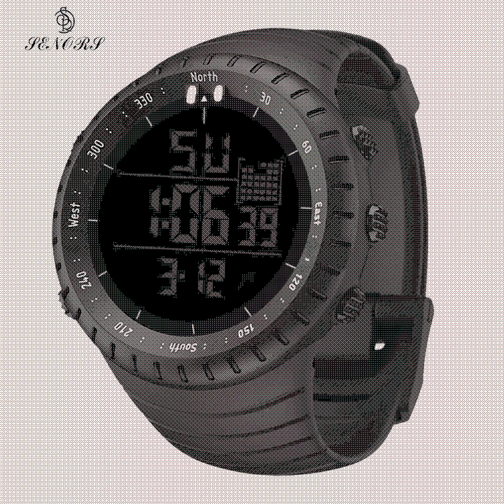 Men's outdoor sport digital watch with altimeter, black silicone band, and quartz movement, water resistant