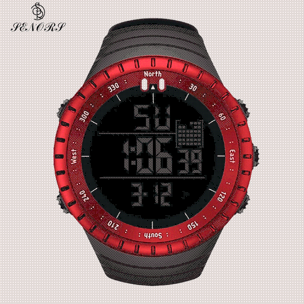 Close-up of men's digital tactical watch display showing time and altimeter, durable adventure gear