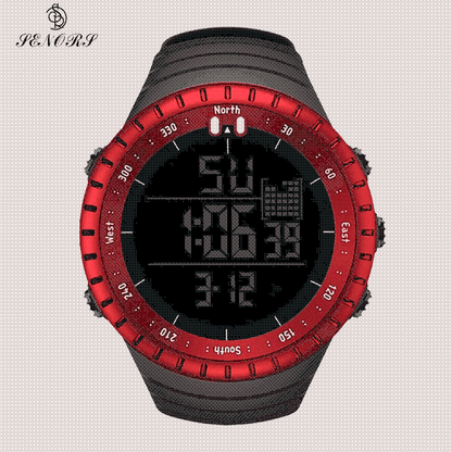 Close-up of men's digital tactical watch display showing time and altimeter, durable adventure gear