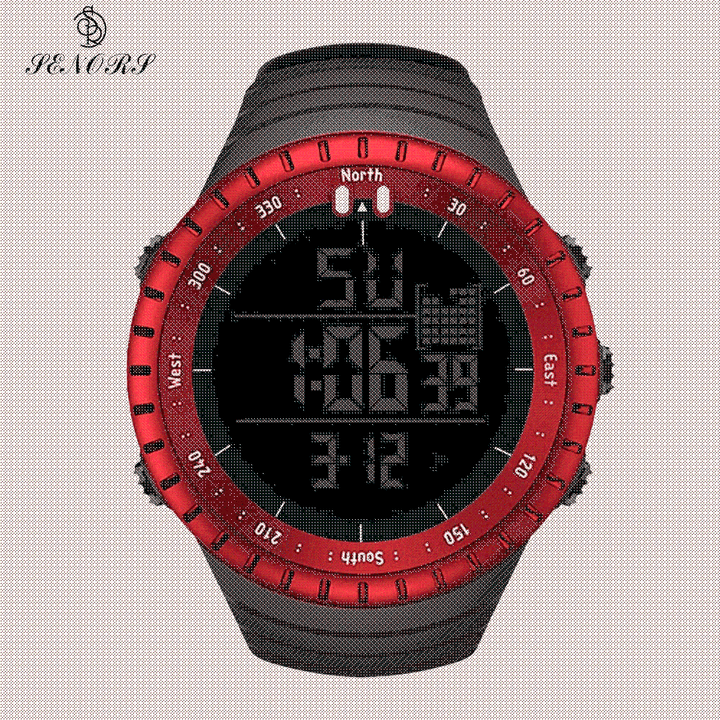 Close-up of men's digital tactical watch display showing time and altimeter, durable adventure gear